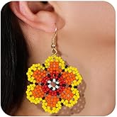 Bohxantium Yellow Flower Hoop Beaded Earrings for Women Boho Statement Lightweight Handmade Colorful Seed Beads Dangle Drop Earrings Fall Festive Jewelry Accessories Trendy Gift