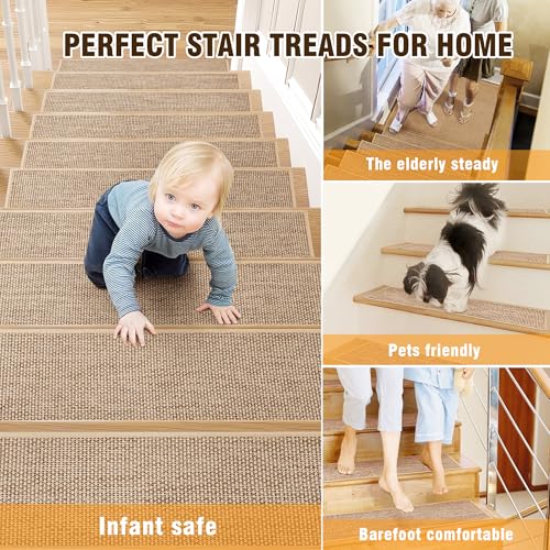 Linen Stair Treads Non Slip 15pcs 8"X30" Stair Runner for Wooden Steps Peel and Stick Stairs Carpet Treads Indoor Staircase Covers Mat with Self-Adhesive Backing for Pets and Kids Beige
