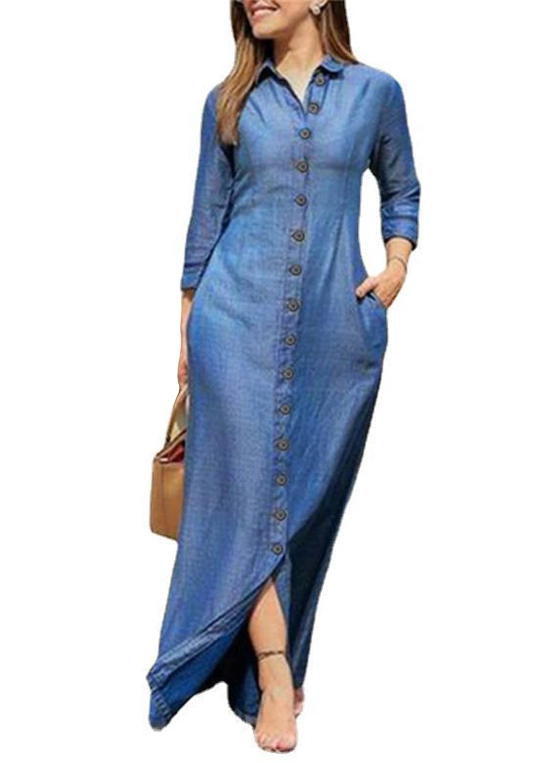 Waist casual button-down denim maxi dress