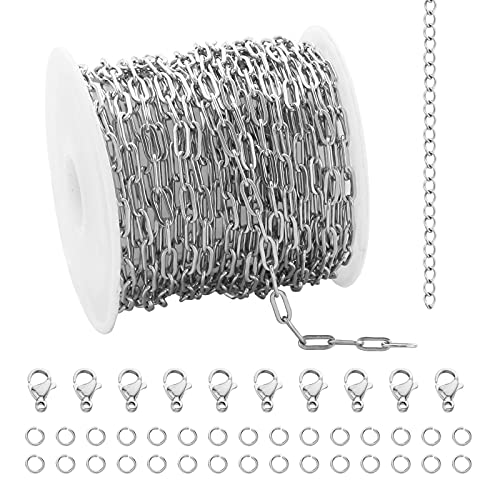UMAOKANG 16.4 Feet Silver Stainless Steel Chains for Jewelry Making Cable Long Craft Link Chain Roll Paperclip Necklace Chains Bulk with Jump Rings Lobster Clasps Extender Chain