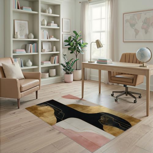 ODIKA 4'x6' Black Gold Abstract Design Blush Washable Area Rug at Amazon