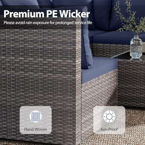 Tangkula 7 Pieces Wicker Patio Furniture Set, Outdoor Sectional Rattan Sofa Set with Seat & Back Cushions, Pillows, Coffee Table, Modular Conversation Set for Backyard, Poolside, Deck & Garden (Navy)