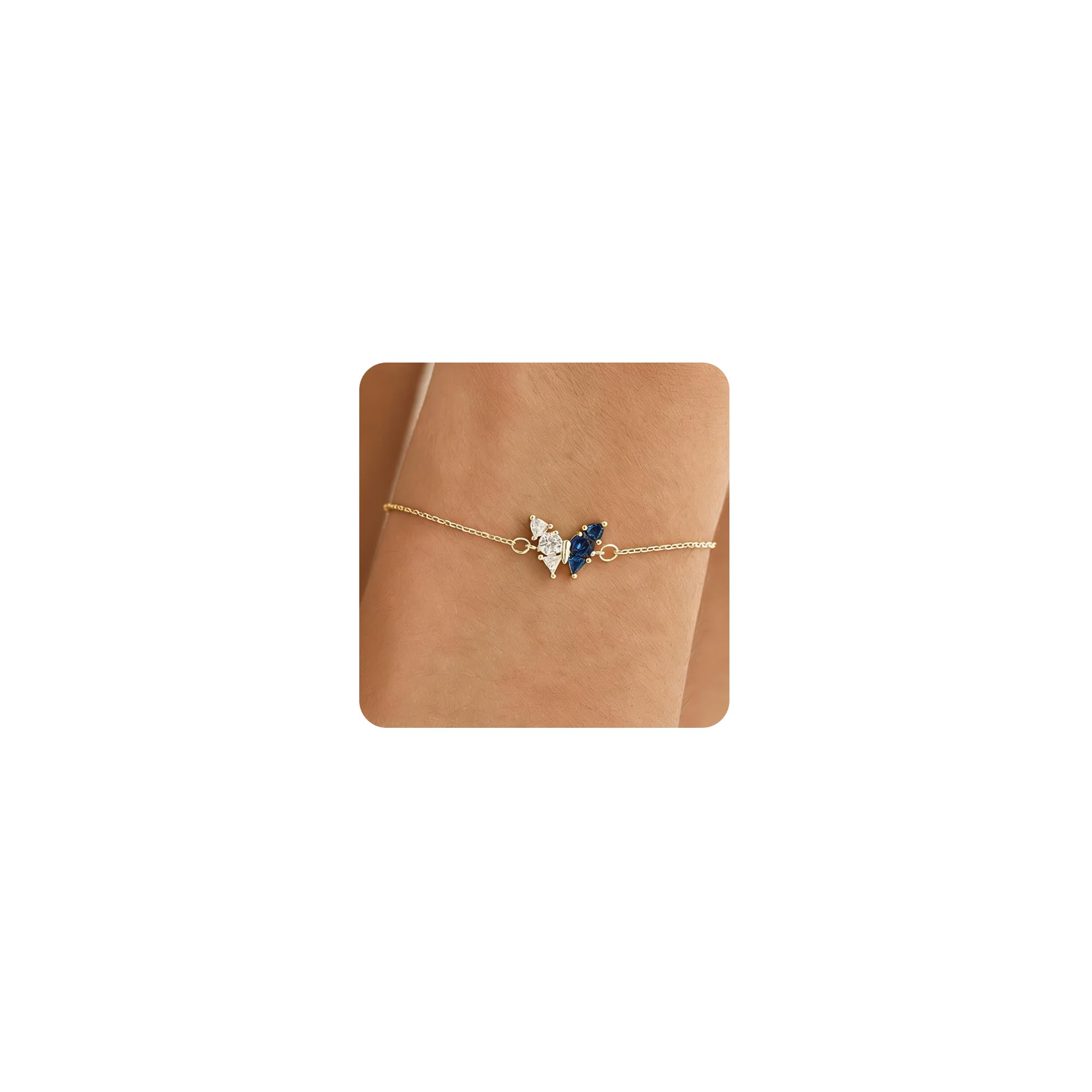 LOUHCY Dainty Birthstone Bracelet for Women Butterfly Charm Bracelet 14K Gold Plated Friendship Bracelets Jewelry Gifts for Mom Best Friend BR-BFL-SapphireWhite-9-4