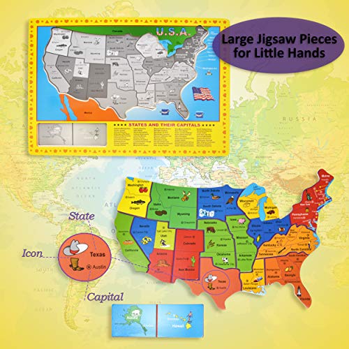 USA Map Wooden Puzzle - 17 Large Jigsaw Puzzle Board, Learn Geography of United States of America and Capitals, Educational Fun Learning Toy for Kids Girls and Boys