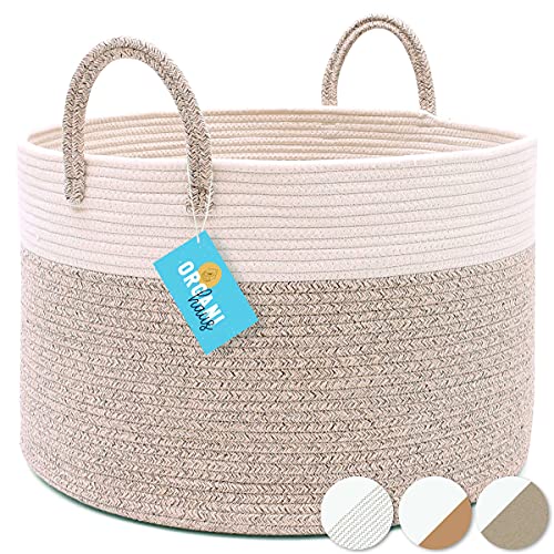 OrganiHaus Brown Towel Basket for Bathroom | Large Toy Basket for Storage for Kids | Large Blanket Basket for Living Room | Round Laundry Basket & Blanket Bin | Large Woven Basket for Storage -Wide (20"x13")