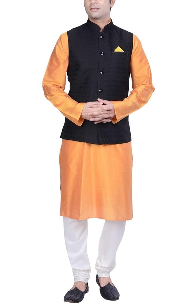 kisah men's orange cotton silk kurta and churidar with black cotton silk nehru jacket