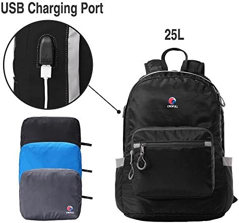 Lightweight Packable Backpack Waterproof 25L Daypack with USB Charging Port For Outdoor School and Trip Black