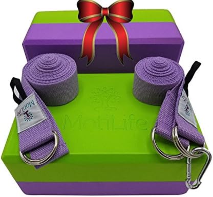 Yoga Blocks 2 pack with Yoga Strap and Yoga Mat Carrier Strap Set - Improve Strength, Flexibility and Deepen Poses | Most Durable Non Toxic Foam Bricks | Lightweight, Odor-Resistant (Green/Purple)