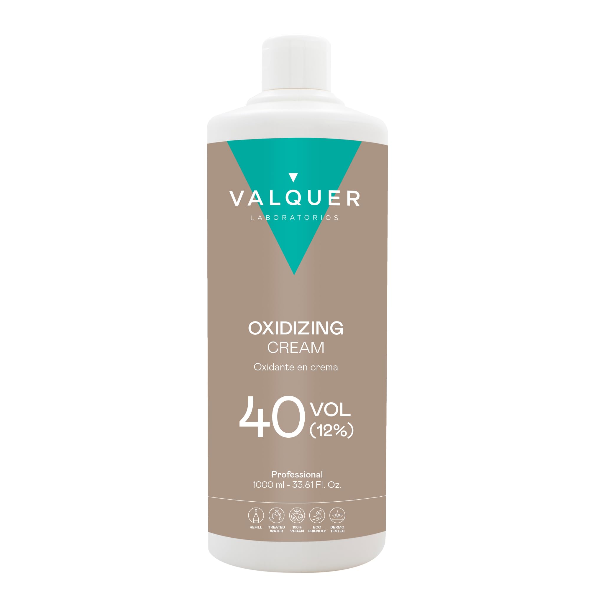 Valquer Stabilized Hydrogen Peroxide Cream 40 Volume 12%, Oxidizer for Permanent Hair Coloring and Bleaching. Vegan Formulation with Natural Ingredients. Professional Use. 1L.