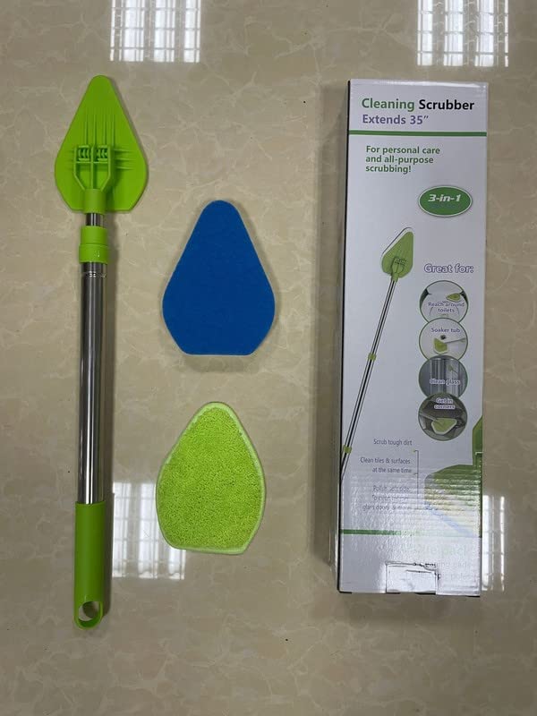 WELEN Long -Handle Triangle Brushing Tile Brush Bathroom Bathtub to Clean The Sponge Brush(Green (one Sponge Head+1 Coral Velvet Head),14 * 10 * 94cm)