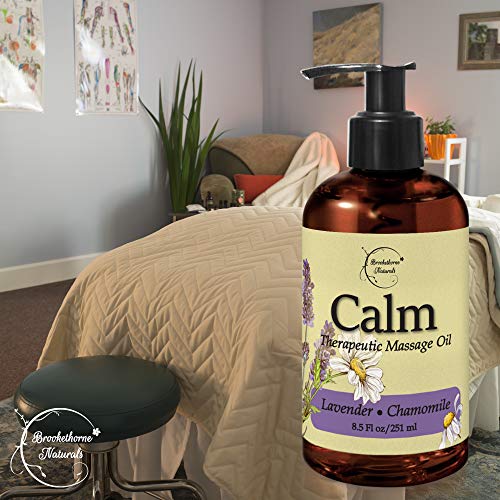 Calm Massage Oil with Lavender & Chamomile Essential Oils to Relax Sore Muscles - For Massage Therapy & Home use - with Coconut, Grapeseed & Jojoba Oils for Smooth Skin- Brookethorne Naturals - 8.5oz