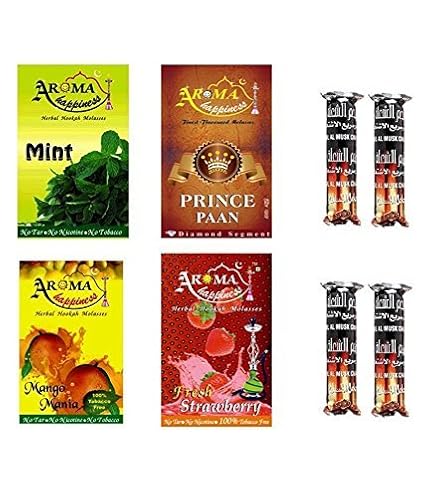 Alshan Aroma Happiness Herbal Hookah Flavour Combo of 4 Pack Plus 4 Rolls of Charcoal