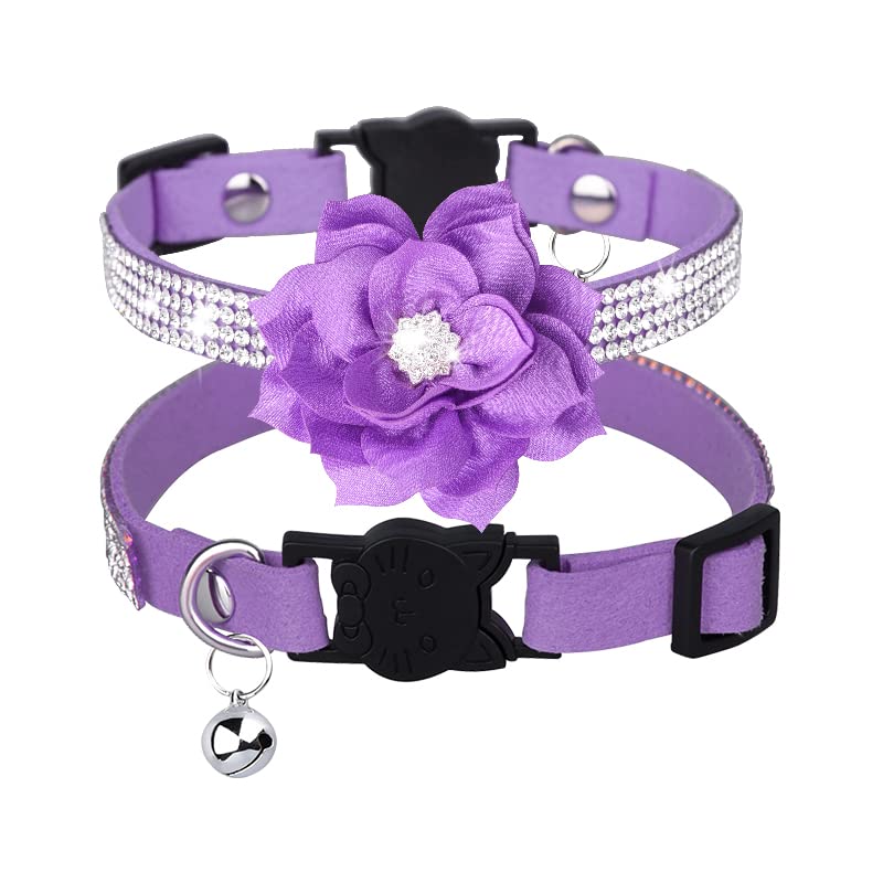 haoyueer Rhinestones Dog Cat Collars with Bell Bling Pet Puppy Collars with Soft Velvet Crystal Collars Girl Jeweled Necklace (Purple-1)