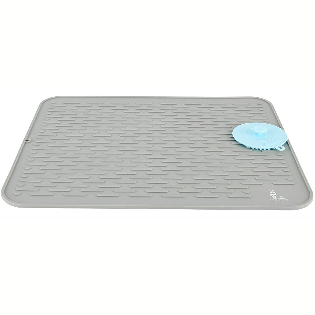 Super Kitchen Extra Large Silicone Draining Board Mat with a Multifunctional Silicone Scrubber, Dish Drying Mats, Cutlery Drainer Mat, Countertop Mat Heat Resistant Trivet, (Grey, 54×46cm)