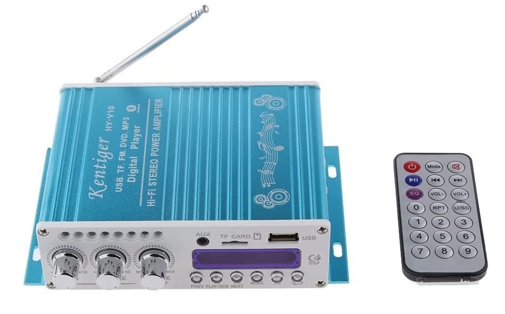 Fasizi Mini Bluetooth Hi-Fi Stereo Audio AMP Amplifier Bass Booster MP4 12V Support FM MP3 TF USB DVD for Car Motorcycle -Blue