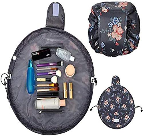 Drawstring Lazy Makeup Bag Waterproof Toiletry Organize Large Cosmetic Pouch (Dark gray flower)