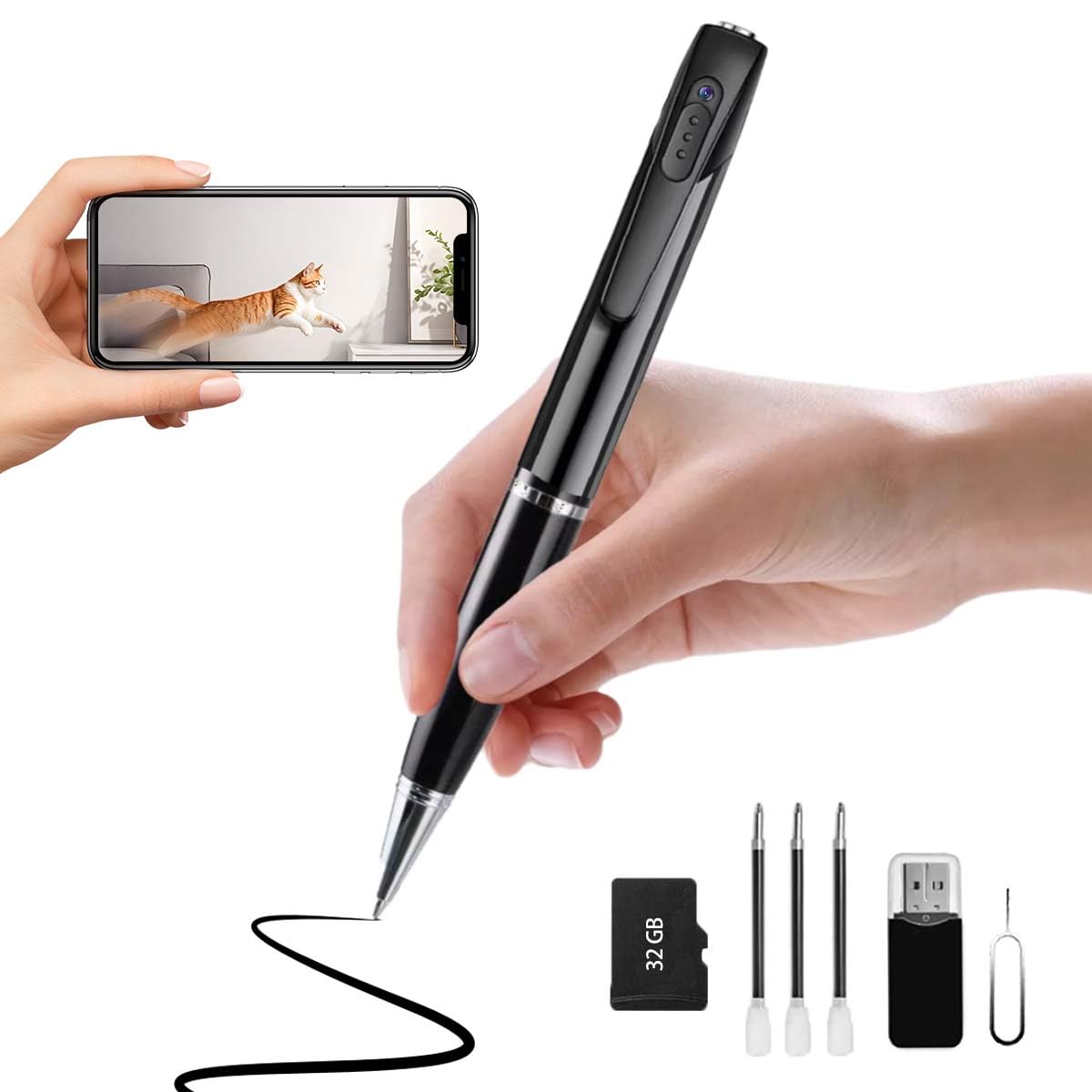 Photo 1 of 1080P Motion-Activated Camera Pen with Wi-Fi & App Alerts, 32GB Included, Portable Hidden Cam 100-Degree View Angle, 250mAh Rechargeable Battery -No Audio