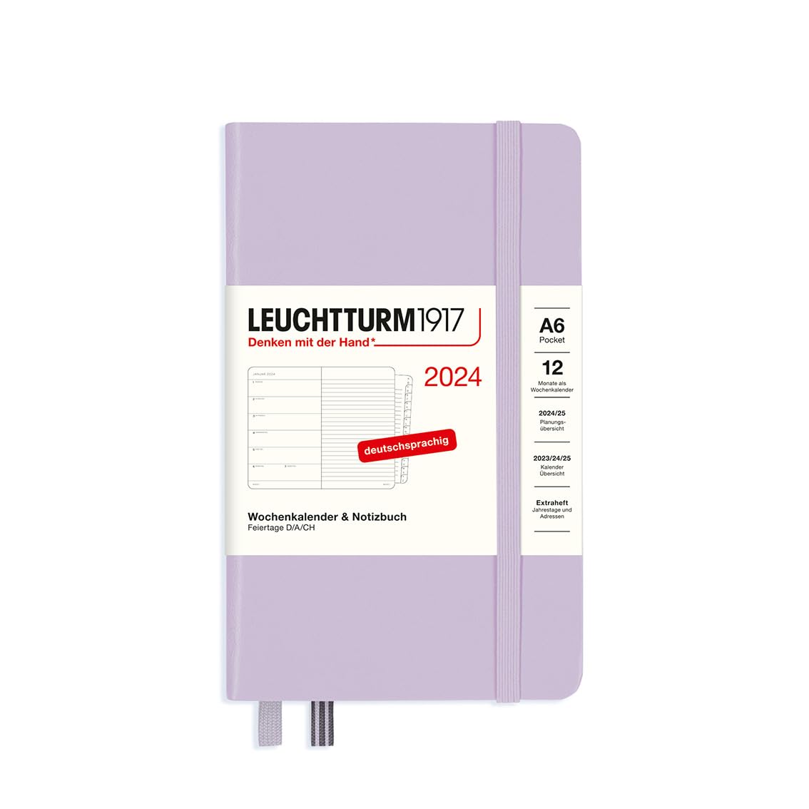 LEUCHTTURM1917 367730 Weekly Calendar & Notebook Pocket (A6) 2024, with Extra Book for Addresses and Anniversaries, Lilac, German, 12 Months