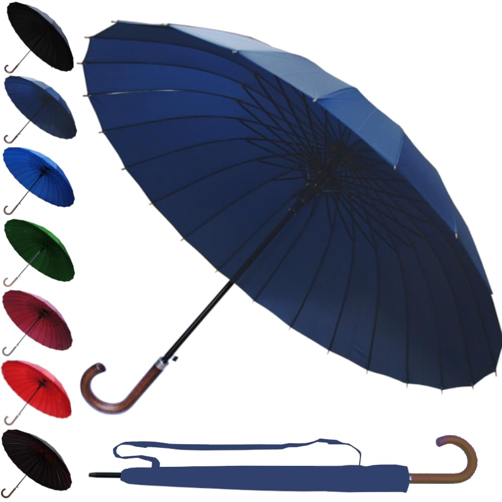 60MPH StormDefender 24 Rib Windproof Strong Umbrella - Large Umbrella for Golf, Sport and Everyday Use - Big Reinforced Frame - Automatic - Wood Hook Handle - Designer Rainproof Men Women - Navy Blue
