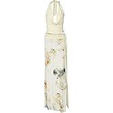 winkbay Women's 2 Piece Beach Party Outfits Tie Backless Halter Crop Top and Floral Maxi Skirt Cocktail Set
