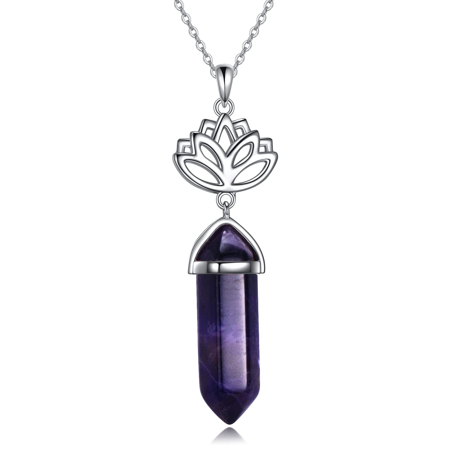 VENACOLY Amethyst Healing Gemstone Necklace Sterling Silver Lotus Synthetic Hexagonal Crystal Points Pendant Necklace for Women Girls Birthday