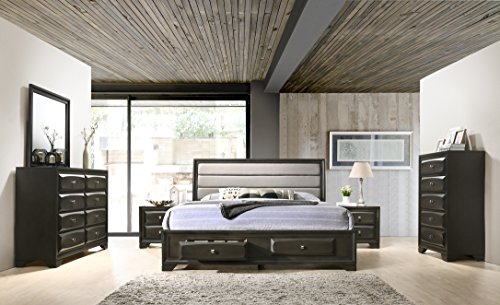 Roundhill Furniture B138NQDMN2C Asger Wood Bedroom Set with Upholstered Bed, Dresser, Mirror, 2 Nightstands, Chest, Queen, Antique Gray