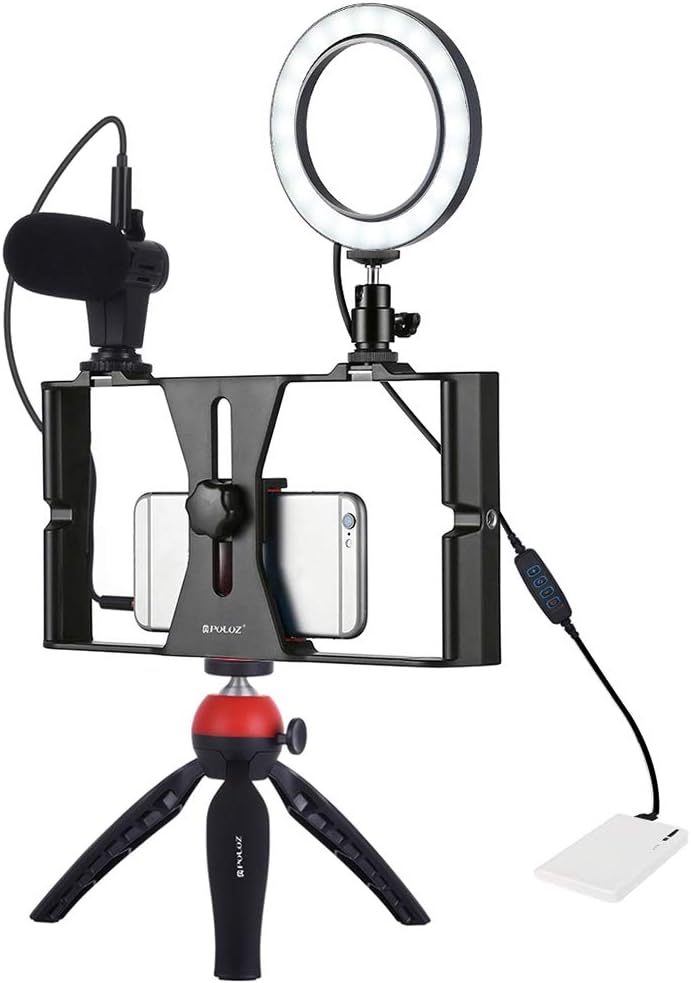 RuleaxA PULUZ Dimmable Selfie Rings Fill Light with Cell Phone Holder & Tripod Stand Stabilizer & Microphone LED Camera Ringlight for Live Stream/Makeup Photography Vlogging Video Recording