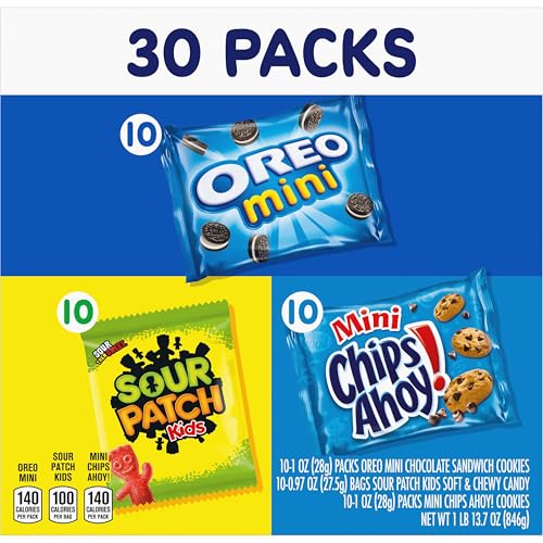 NABISCO COOKIES AND CANDY VARIETY PACK, SOUR PATCH KIDS SOFT & CHEWY GUMMY CANDY, OREO MINIS AND CHIPS AHOY! MINIS COOKIES, 30 SNACK PACKS