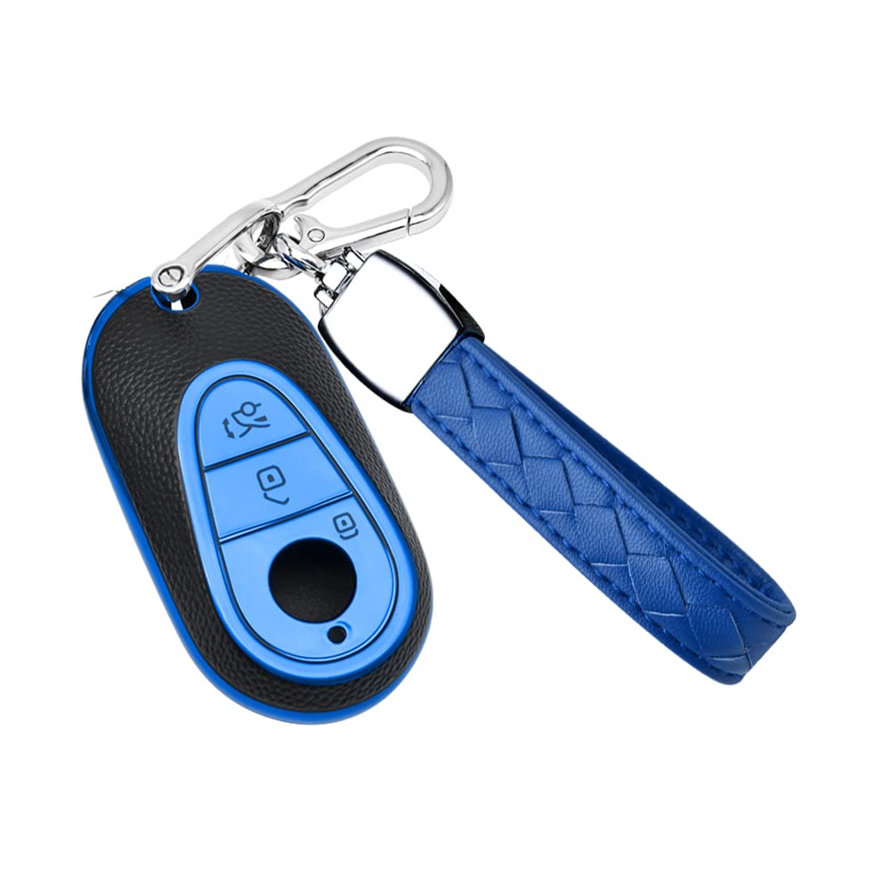 HIBEYO Smart Car Key Case Fits Mercedes S Class W223 Key Case for Benz C Class W206 S Class S300 S350 S400 S450 Key Fob Protective Case 3 Buttons TPU Leather Texture Blue