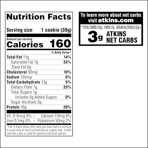 ATKINS CHOCOLATE CHIP PROTEIN COOKIE, PROTEIN DESSERT, RICH IN FIBER, 3G NET CARB, 1G SUGAR, KETO FRIENDLY, 4 COUNT