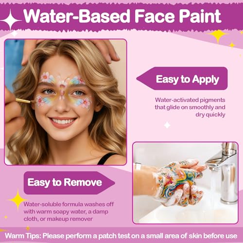 Face Painting Kit for Party, 42 Color Non-Toxic Water Activated Face Paint Palette for Artist Festival Stage Cosplay Birthday Parties Makeup Set with Stencils, Gems, Brushes TA641KIT