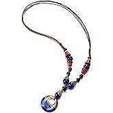 COOLSTEELANDBEYOND Boho Ethnic Long Necklace Wood Beads Black Blue Gem Stone String with Dangling Oval Charm