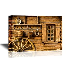 Retro Style Canvas Wall Art - Detail of Old Wagon Wheel Next to a Wooden Wild West Typical House - Gallery Wrap Modern Home Art | Ready to Hang - 12x18 inches