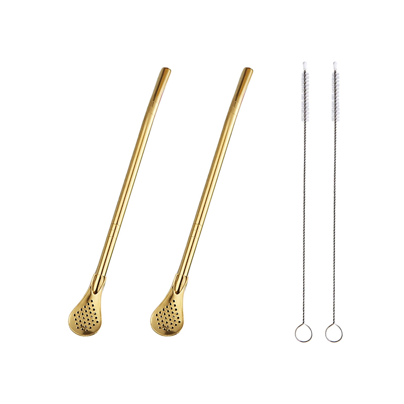 2 Pieces Stainless Steel Straw Spoon Filter with 2 Cleaning Brush, Reusable Tea Spoon for Loose Tea, Yerba Mate Straw, Metal Drinking Straws, Coffee Stirrers for Drinks Milk Beverage (Gold)