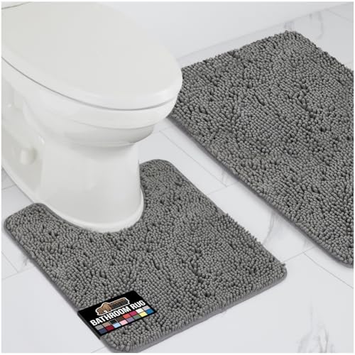 GORILLA GRIP Bathroom Rug Sets, Soft Chenille 2 Piece Area Rugs Set, Toilet Base Mat and 30x20 Carpet, Absorbent Microfiber Washable Mats Dry Quickly, Home Décor and Bath Room Accessories, Grey