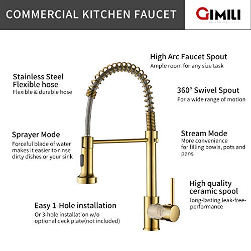 GIMILI Gold Kitchen Faucet with Sprayer,Modern Single Handle HighArc Pull Out Kitchen Sink
