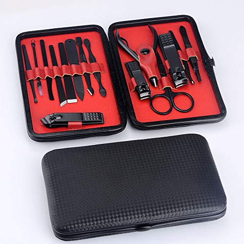 15pcs/Set Black Stainless Steel Nail Clipper Cutter Trimmer Scissor Tweezer Knife Ear Pick Grooming Kit Manicure Set Pedicure Toe Nail Art Tools Set Kits with Travel Case