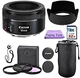 Canon 50mm f/1.8 STM Camera Fixed Lens. PagingZone Deluxe Kit Includes, 3Piece Filter Set + Lens Case + Lens Hood + 32GB Class 10 Card. For EOS 6D, 70D, 5D MK II III, Rebel T3, T3i, T4i, T5, T5i, SL1.