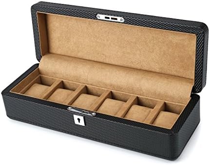 RAKUKAIMONO Watch Box for Men 6 slot Carbon Fiber Pattern Watch Jewelry Case Box Luxurious Black with Lock and Key