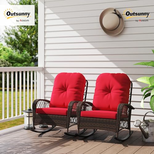 Outsunny Rattan Rocking Chair Set of 2, Outdoor Wicker Patio Rocker Chair Furniture with Thick Cushions, for Garden Backyard Porch, Red