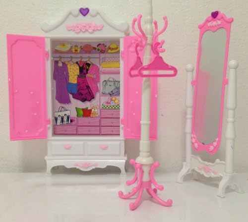 Barbie Size Dollhouse Furniture- Dressing Room with Stand Mirror Pole Hanger & Wardrobe