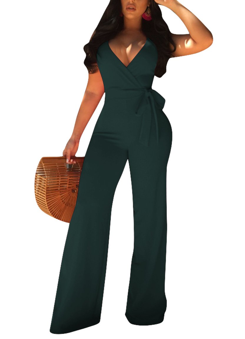 Annystore Women\'s Solid Color Drawstring Waist Casual Sleeveless One Piece Jumpsuits Rompers with Pockets (Dark Green03, Medium)