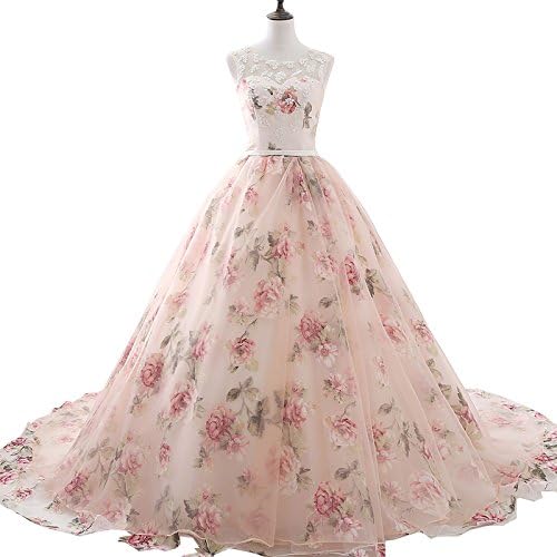Women's Floral Print Lace Long Prom Dresses A Line Formal Ball Gowns Organza Tulle Pink 2018 6