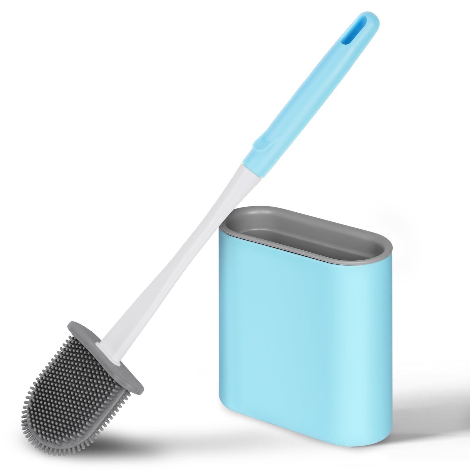Vicloon Silicone Toilet Brush, Toilet Brush and Holder Set with Quick Drying Holder, Deep Cleaning Bendable Brush Head with No-Slip Handle and Flexible Silicone Soft Bristle for Bathroom Toilet (Blue）