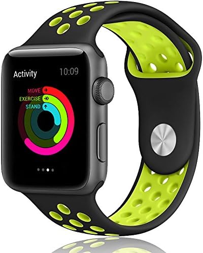 Apple Watch Band, LOHG 42mm Soft Silicone Bracelet iwatch Bands Sport Replacement Strap Wristband with Ventilation Holes for Apple Watch Nike+, Apple Watch Series 1/2 (( 42MM -- Black / Volt Yellow ))
