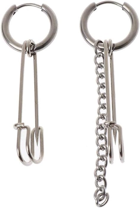 Earrings,Safety Pin Shape Titanium Steel Long Chain Tassel Irregular Mismatch Earring