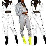 Womens 2 Pieces Outfits Jumpsuits Fully Reflective Jacket Long Pants Jumpsuits Set Club Wear
