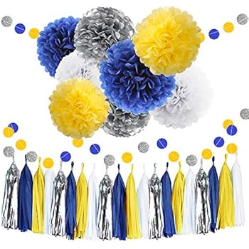 30pcs Tissue Pom Poms Yellow Blue Color Party Supplies,Navy Yellow White Silver Birthday Party Decorations Paper Tassel Garland for Bridal Shower Wedding School Ceremony Graduation Theme Party Supplie