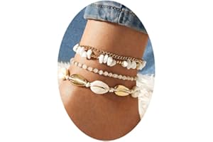 FUTIMELY Layered Gold Shell Ankle Bracelets Set for Women Teen Girls,Boho Dainty Handmade Seashell Gravel Bead Adjustable Gold Plated Anklet Set Waterproof Beach Jewelry