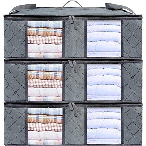 Extra Large Clothes Storage Bags, Space Saver Clothing Organizers for Bedroom, Closet & Underbed, Large Clear Window & Carry Handles, Great for Blanket, Comforters, Linen, and More (3-Pack, Gray) - Thumbnail 2